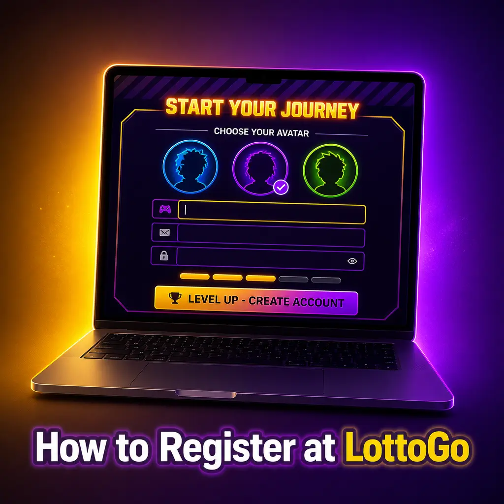 Step-by-step LottoGo account registration form showing personal details fields for UK players aged 18 and over