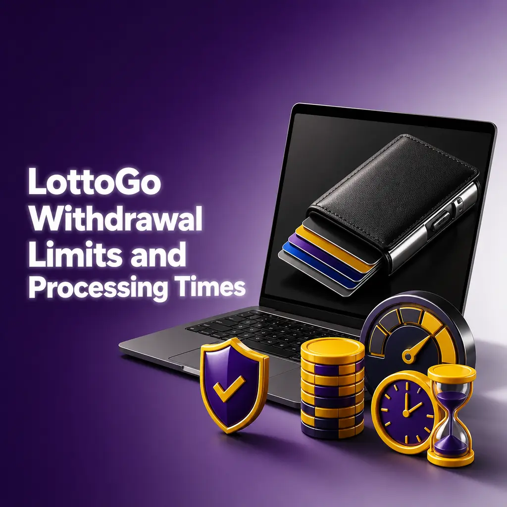LottoGo withdrawal limits and processing times table showing minimum GBP 10 withdrawals via Visa, Mastercard, and PayPal